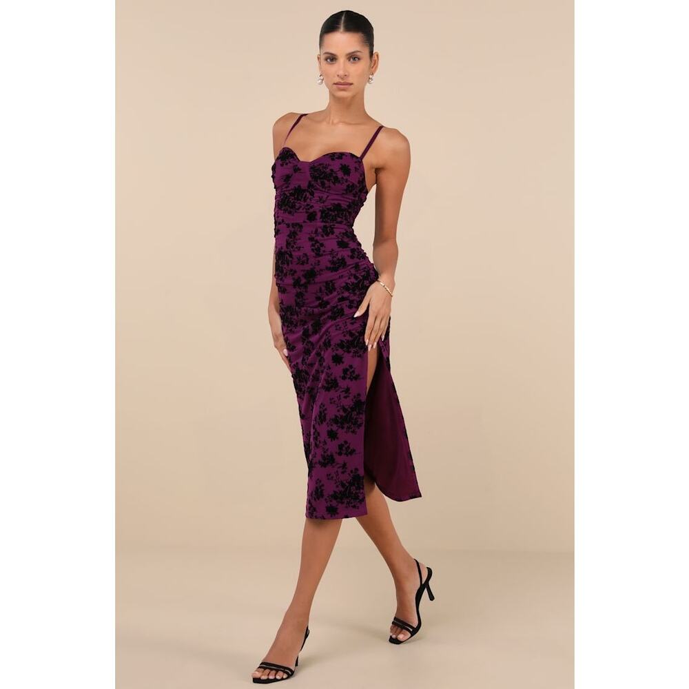 LULU'S NWT Decadent Flirt Purple Mesh Velvet Ruched Bodycon Midi Dress Size XL - Picture 14 of 14